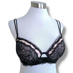 Jezebel 36B Bra Black Tan Illusion Lace Push Up Underwire Padded Lined